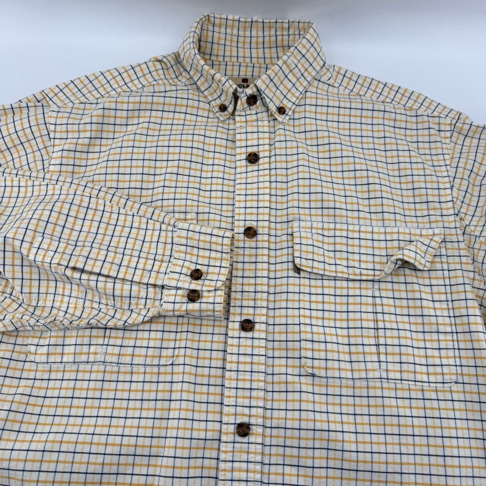 Woolrich Mens Medium Plaid Button Down Shirt Yellow Blue Tattersall Long Sleeve